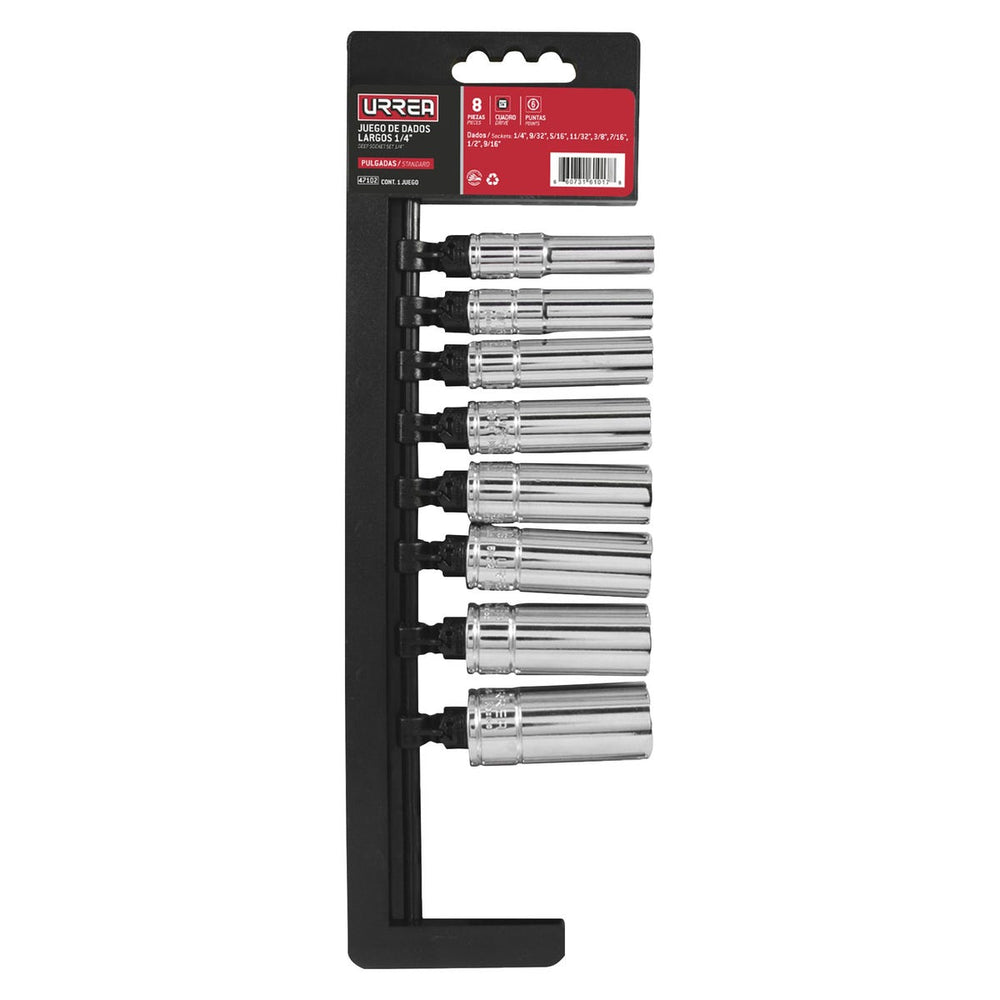 Juego de dados largos cuadro de 1/4", 6 puntas, en pulgadas, 8 piezas Urrea 47102 - imagen 3