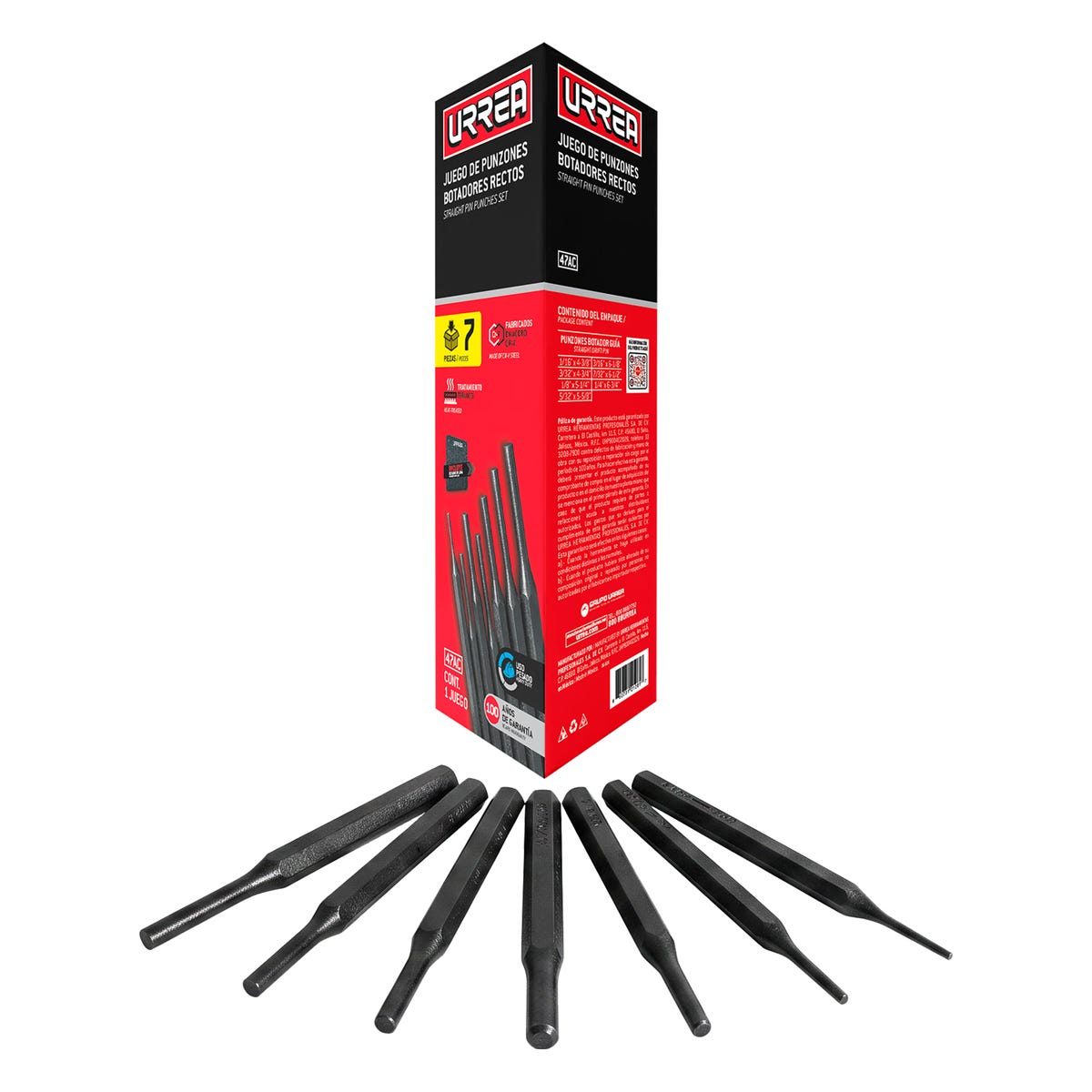 Juego de punzones botadores rectos, 7 piezas en caja Urrea 47AC