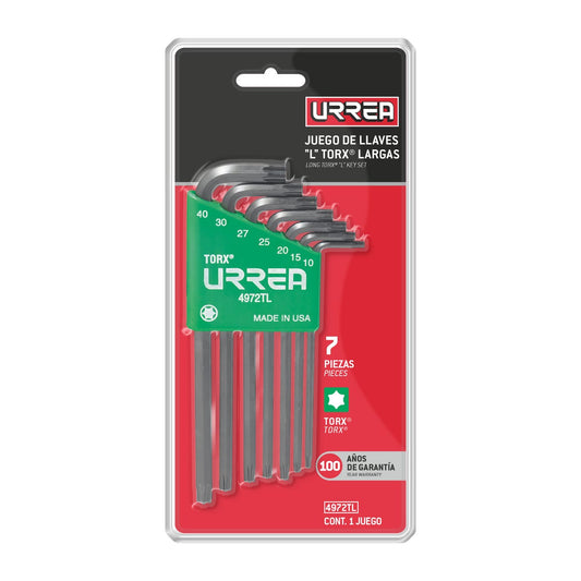 Juego de llaves largas hexagonales tipo "L", Torx, 7 piezas en blíster Urrea 4972TL