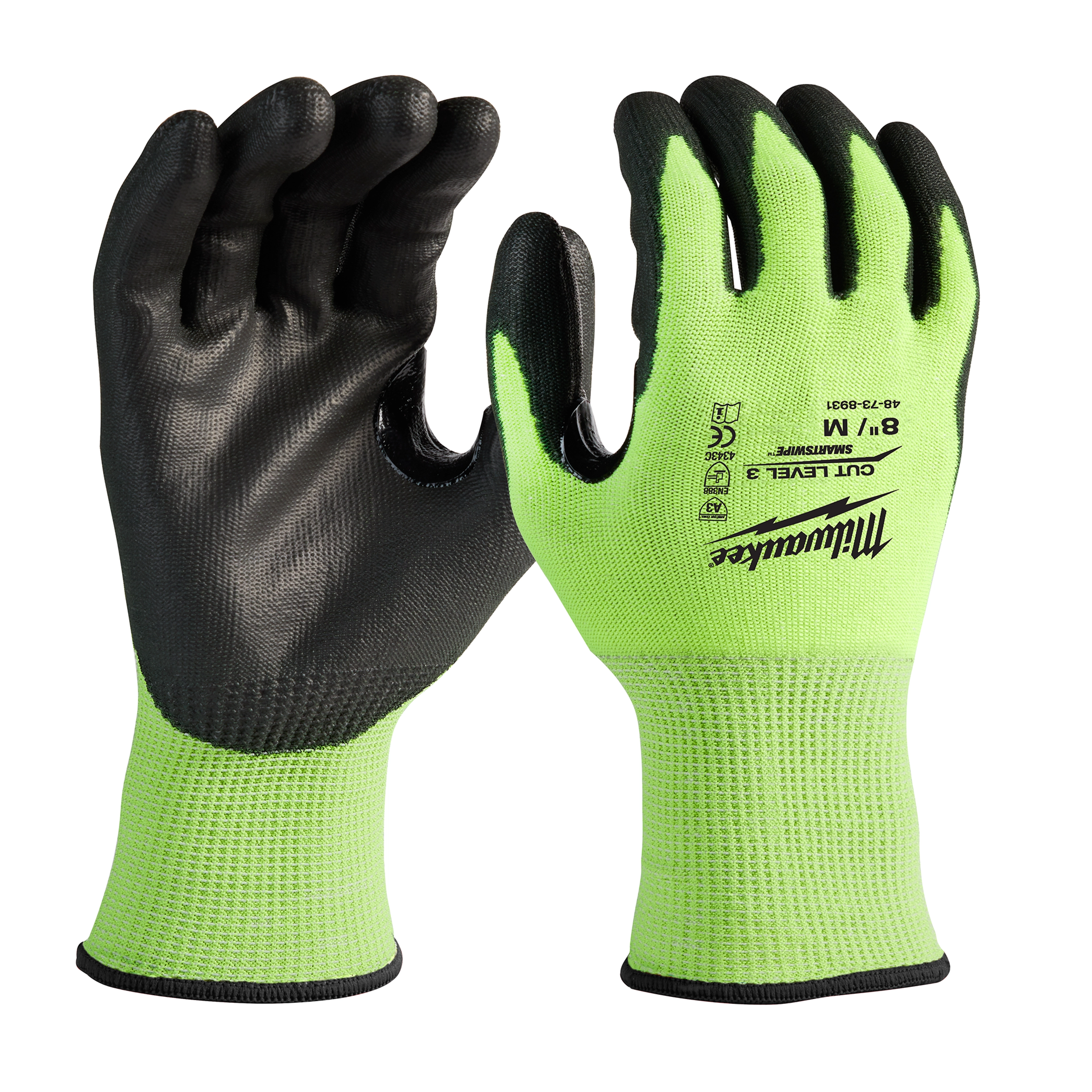 Guantes de corte de alta visibilidad nivel 3 bañados en poliuretano - M talla M Milwaukee 48-73-8931