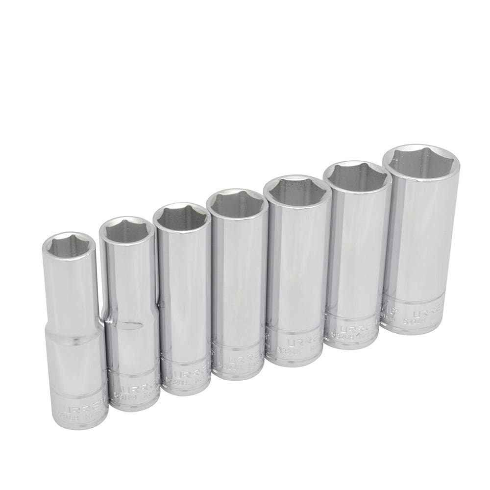 Juego de dados largos cuadro de 1/2", 6 puntas, en pulgadas, 7 piezas Urrea 5300H