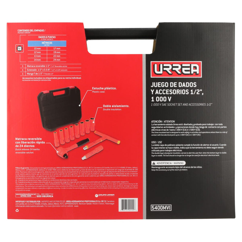 Juego de dados y accesorios cuadro de 1/2" métricos para 1000 V, caja plástica, 11 piezas Urrea 5400MVI - imagen 7