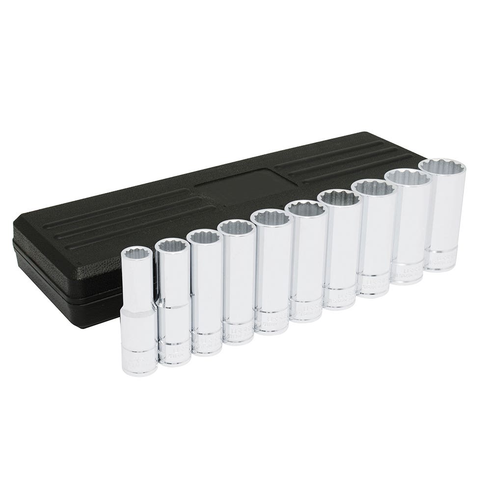 Juego de dados largos cuadro de 1/2", 12 puntas, métricos, 10 piezas Urrea 5400PHM