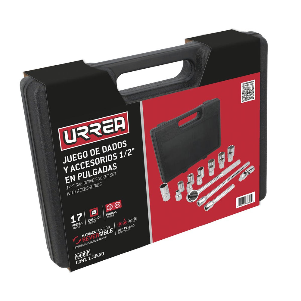 Juego de dados y accesorios cuadro de 1/2" en pulgadas 17 piezas, con caja plástica Urrea 5400P - imagen 3