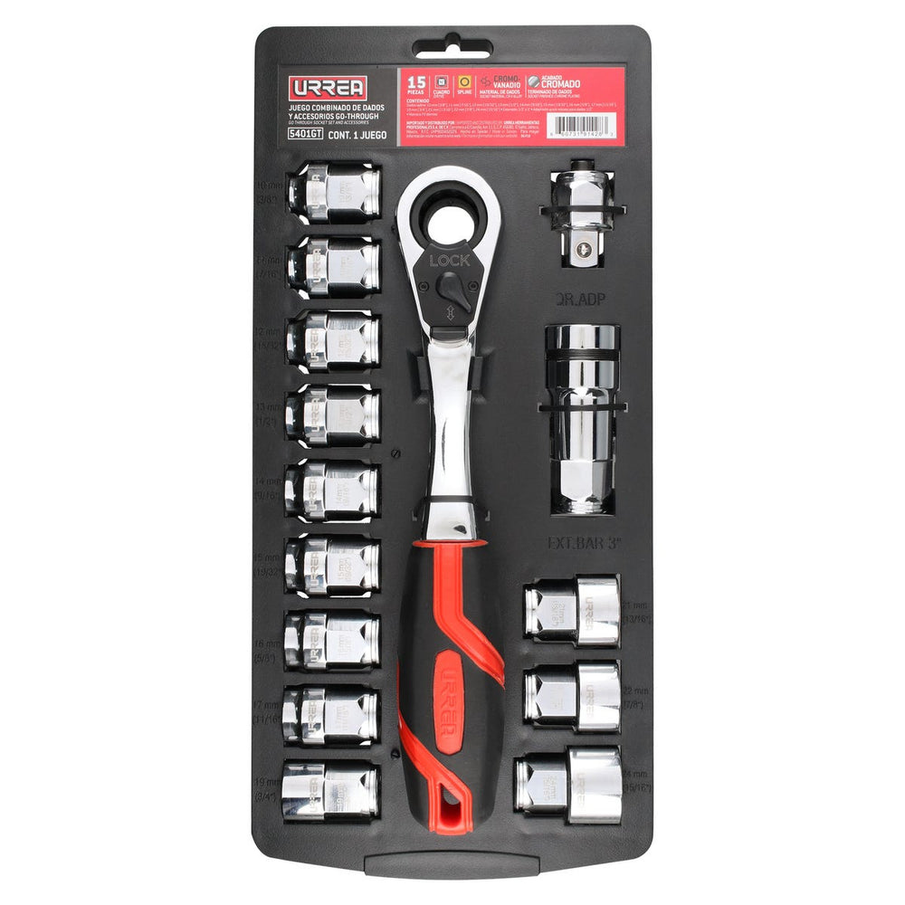 Juego de dados y accesorios cuadro de 1/2" Go-Through combinado, 15 piezas Urrea 5401GT - imagen 4