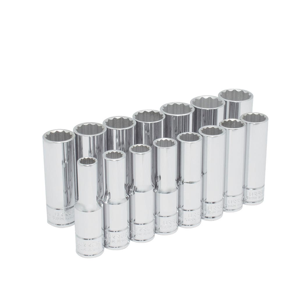Juego de dados largos cuadro de 1/2", 12 puntas, métricos, 15 piezas Urrea 54207