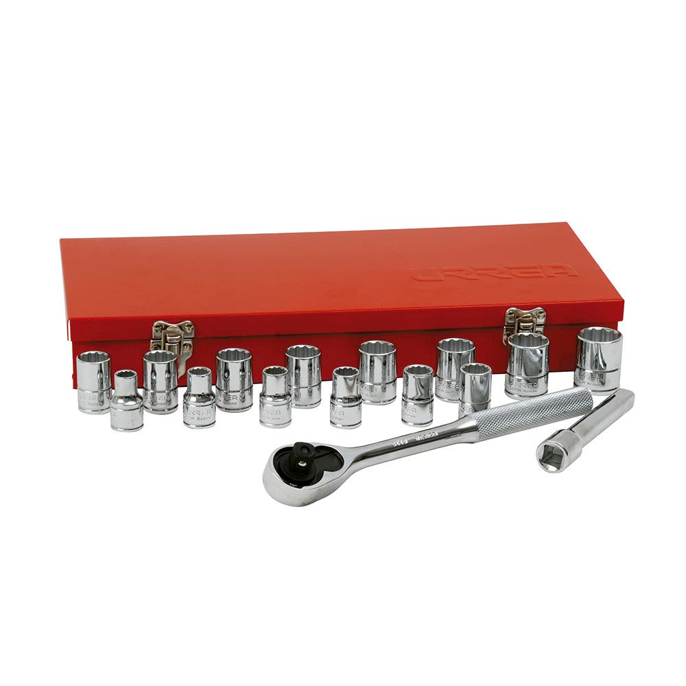Juego de dados y accesorios cuadro de 1/2" métrico, 17 piezas Urrea 54208H - imagen 2