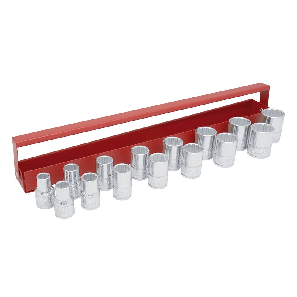 Juego de dados cuadro de 1/2", 12 puntas, métrico, 15 piezas, en caja portadados Urrea 54214