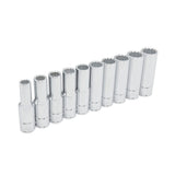 Juego de dados largos cuadro de 1/2", 12 puntas, métrico, 10 piezas, en riel Urrea 54215