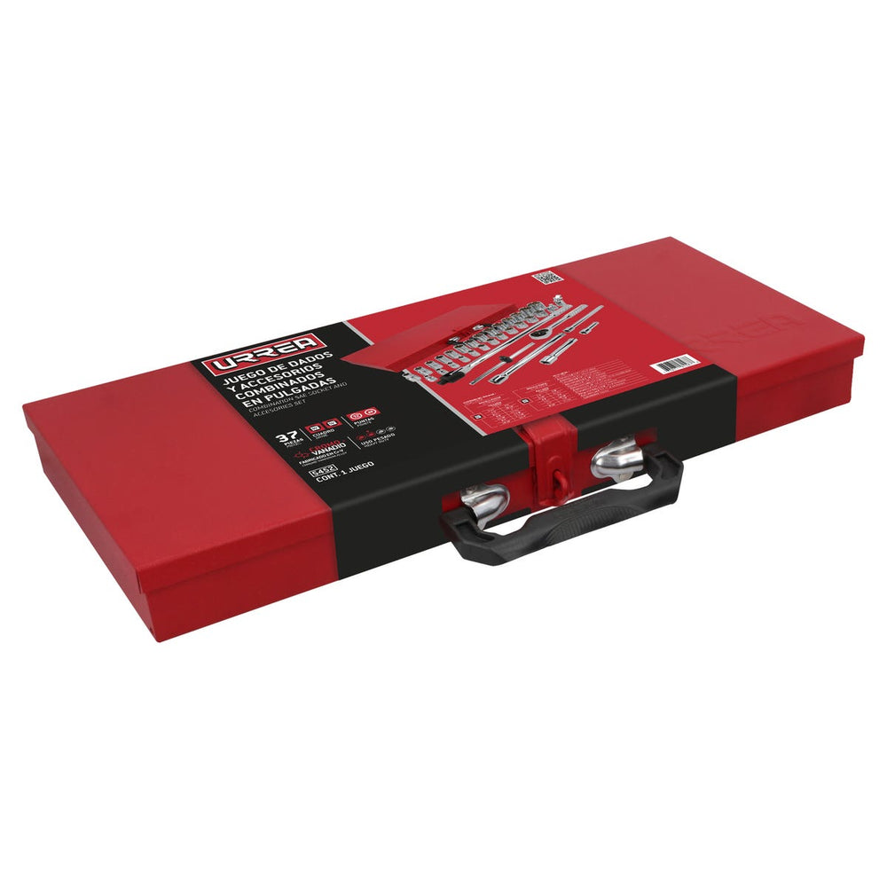 Juego de dados y accesorios cuadro de 3/8" y 1/2" en pulgadas 37 piezas, con caja metálica Urrea 5452 - imagen 3