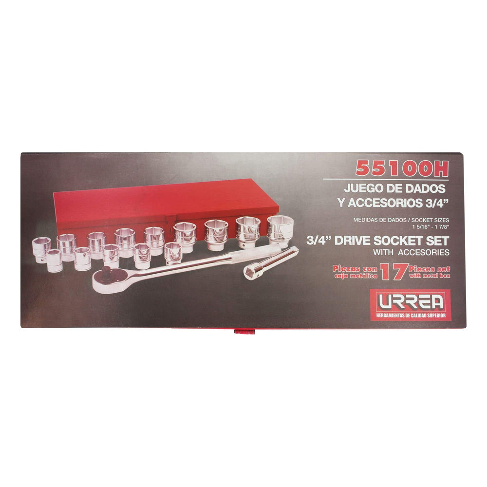 Juego de dados y accesorios cuadro de 3/4" en pulgadas, 17 piezas Urrea 55100H - imagen 5