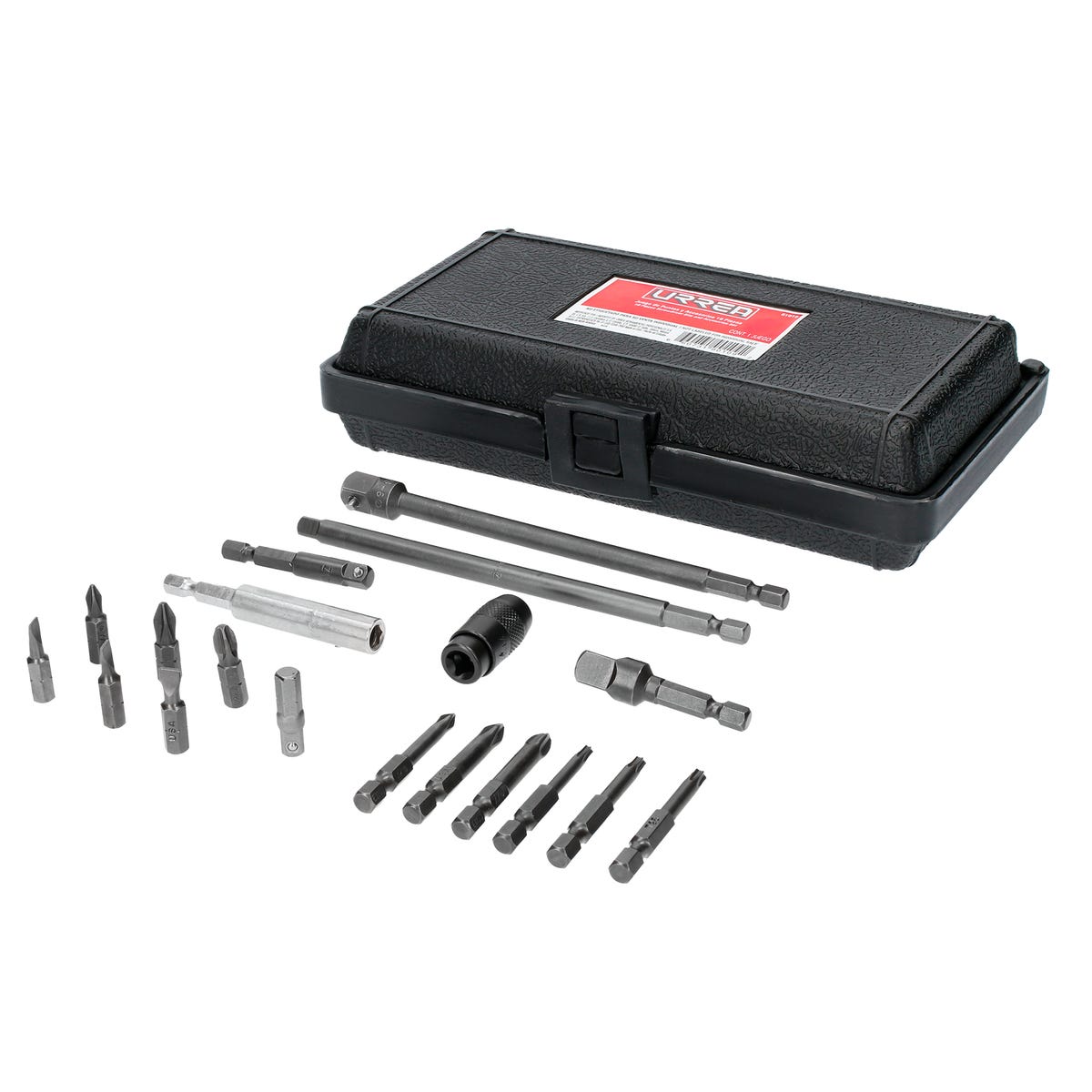Juego de puntas y accesorios cuadro de 1/4", 19 piezas en caja plástica Urrea 61919