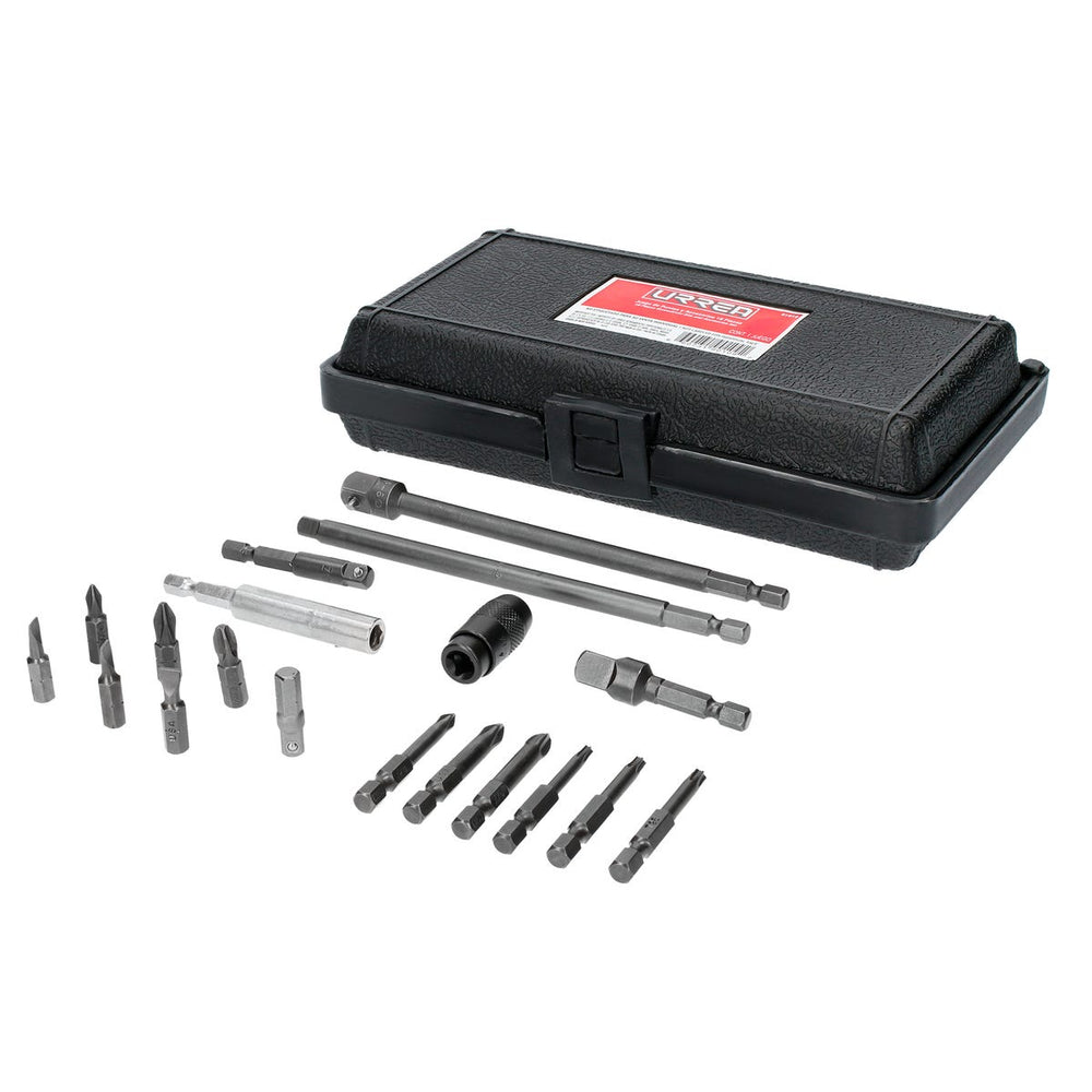 Juego de puntas y accesorios cuadro de 1/4", 19 piezas en caja plástica Urrea 61919