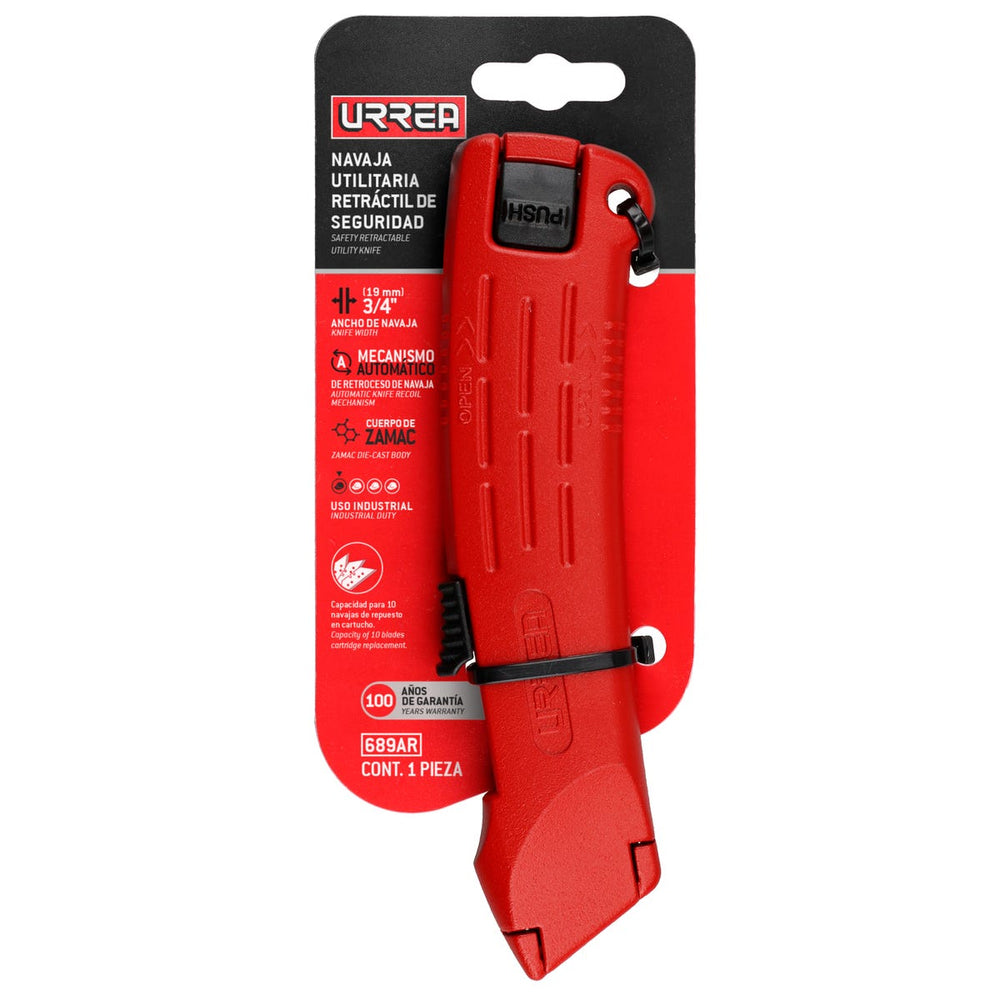 Navaja utilitaria retráctil automática de seguridad, 6-3/4" , cuerpo de zamac Urrea 689AR - imagen 3