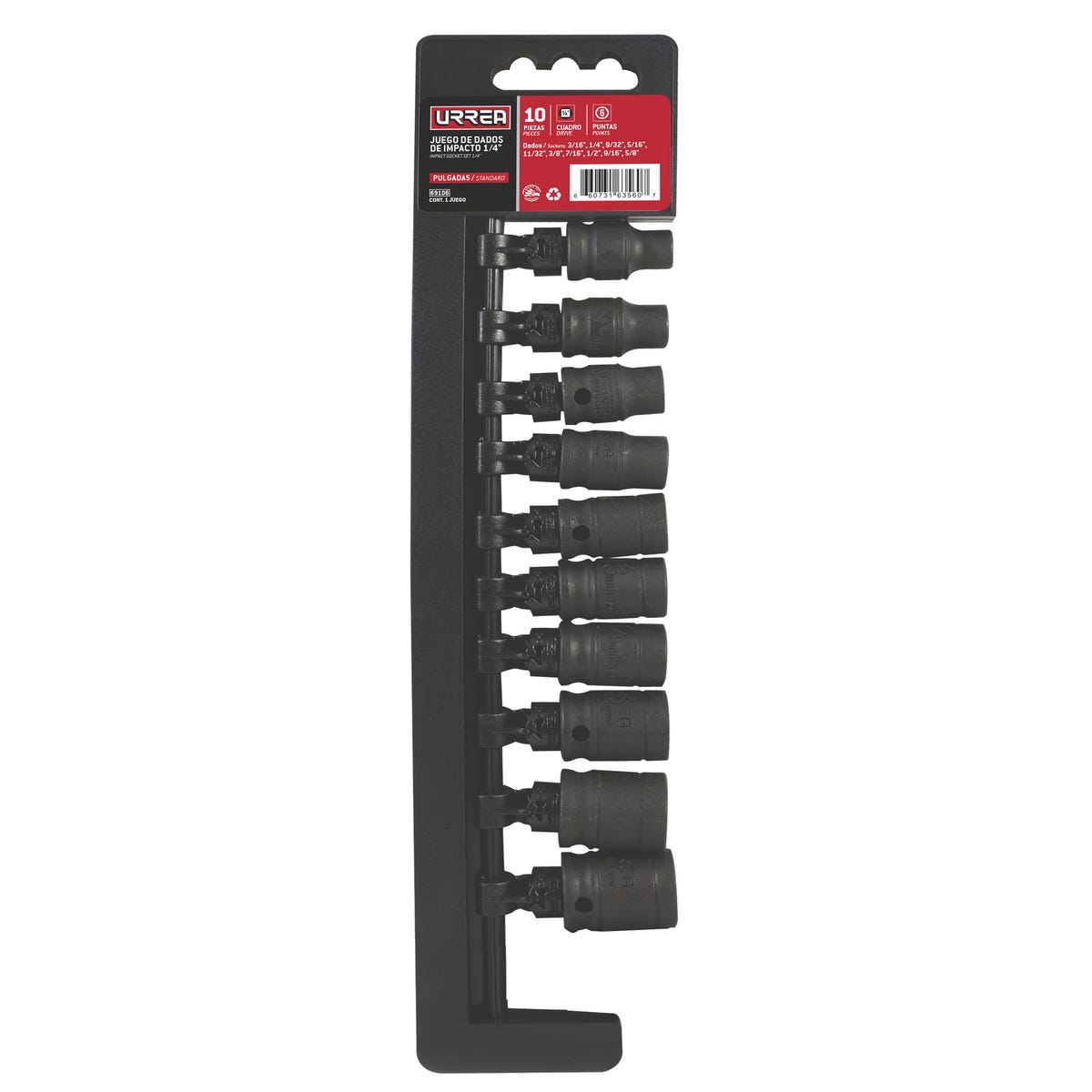 Juego de dados de impacto cuadro de 1/4", 6 puntas, en pulgadas, 10 piezas Urrea 69106 - imagen 3