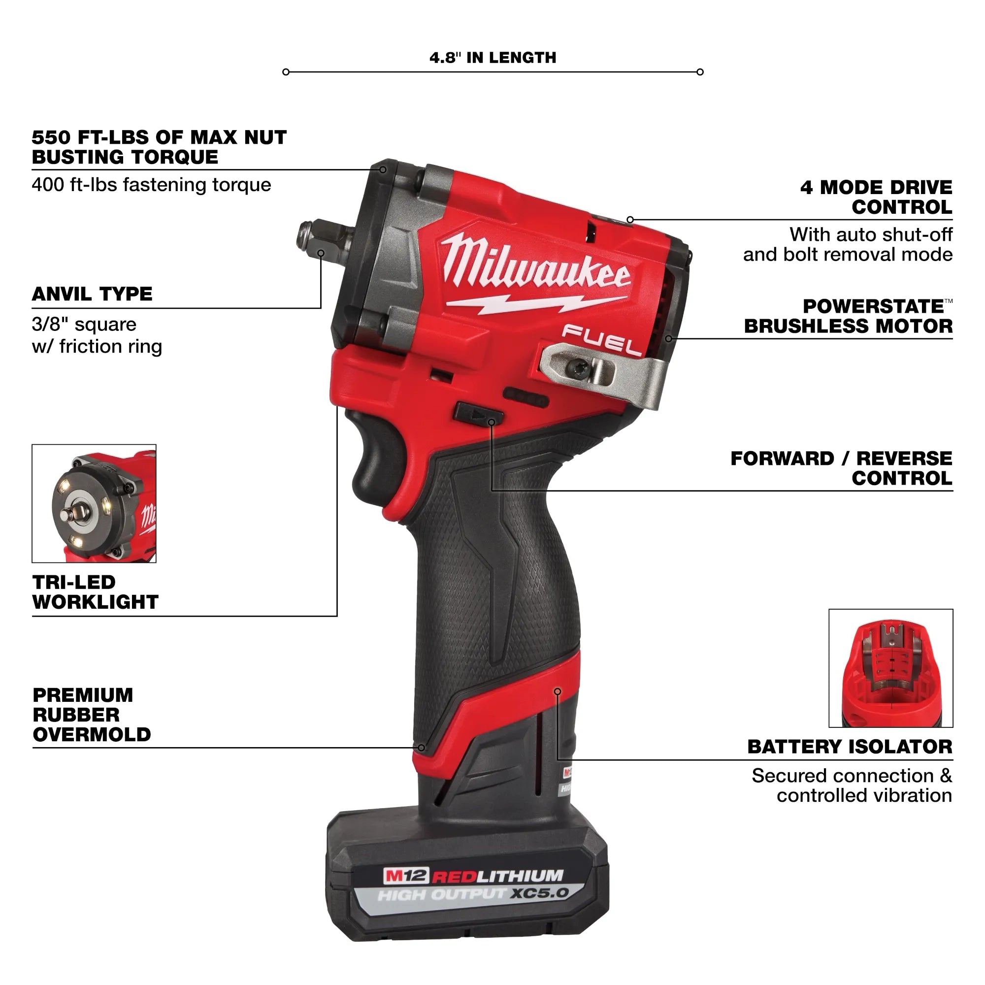 Kit de llave de impacto corta M12 FUEL™ de 3/8" Milwaukee 2562-22 - imagen 4