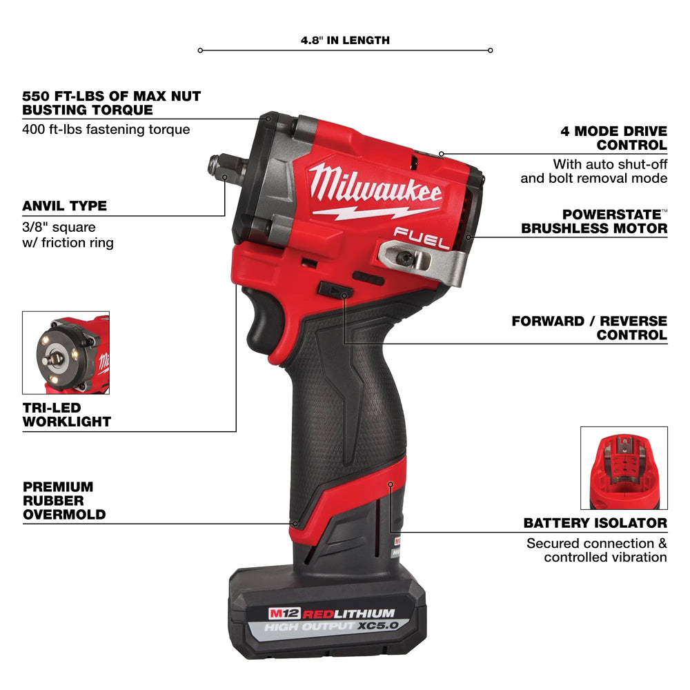 Kit de llave de impacto corta M12 FUEL™ de 3/8" Milwaukee 2562-22 - imagen 4