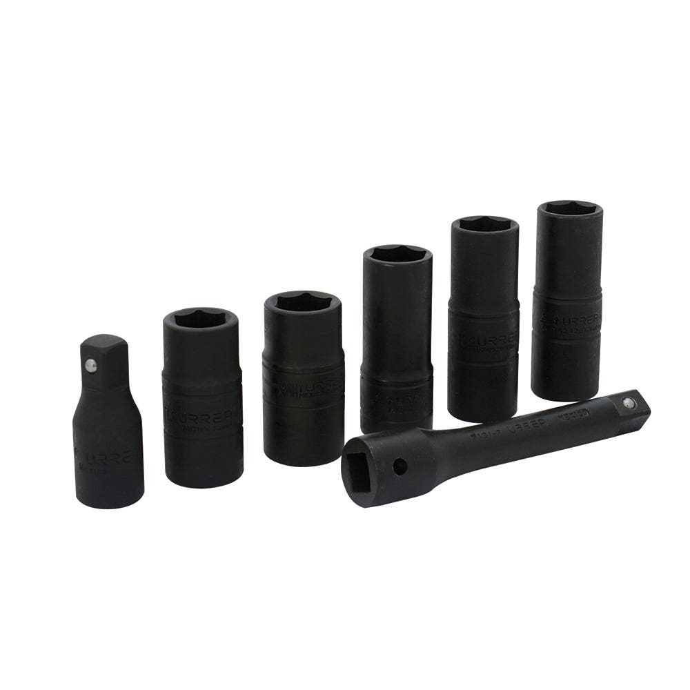Juego de dados de impacto doble boca cuadro de 1/2" combinados, 6 puntas, 7 piezas Urrea 7400DE