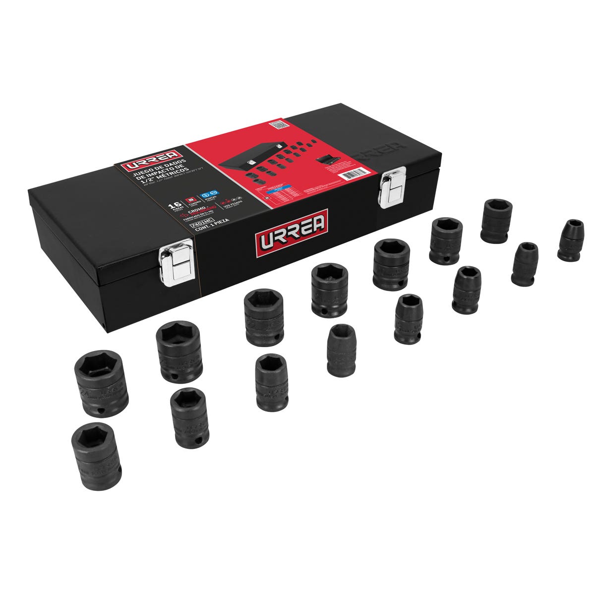 Juego de dados de impacto cuadro de 1/2", 6 puntas, métricos, 15 piezas Urrea 7401MC