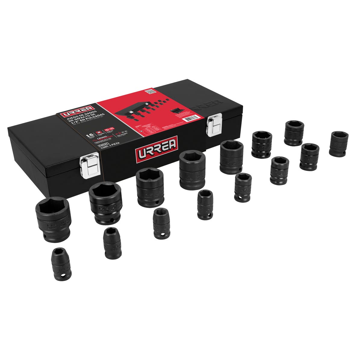 Juego de dados de impacto cuadro de 1/2", 6 puntas, en pulgadas, 15 piezas, en caja Urrea 7402C - imagen 2