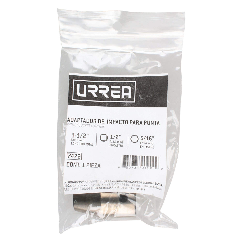 Adaptador de impacto con barreno pasado para puntas hexagonales 5/16" Urrea 7472 - imagen 3