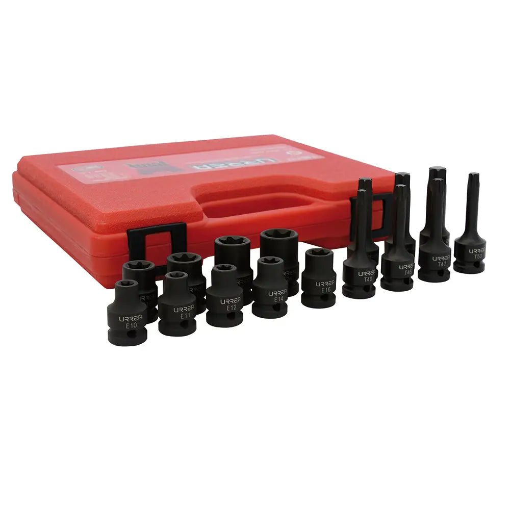 Juego de dados de impacto torx hembra y punta torx cuadro de 1/2", 16 piezas Urrea 74ET17