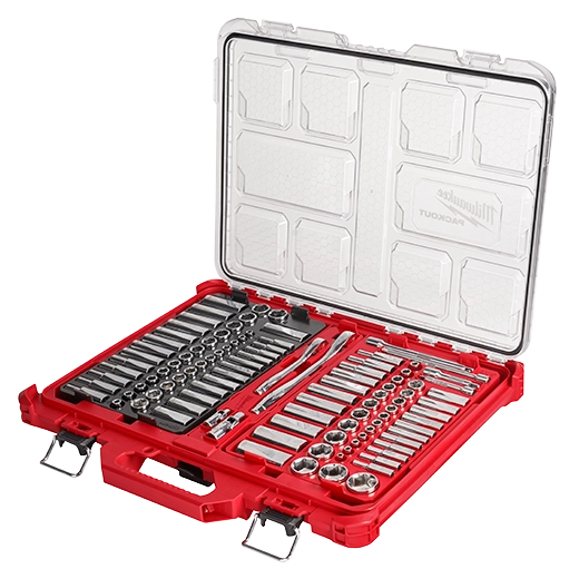 Juego de 106 piezas de llave de trinquete y cubo métrico y SAE de 1/4" y 3/8" con organizador de perfil bajo PACKOUT™ Milwaukee 48-22-9486