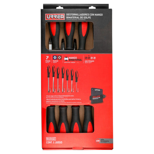 Juego de destornilladores con mango bimaterial de golpe, combinados, 7 piezas en estuche Urrea 9101GC