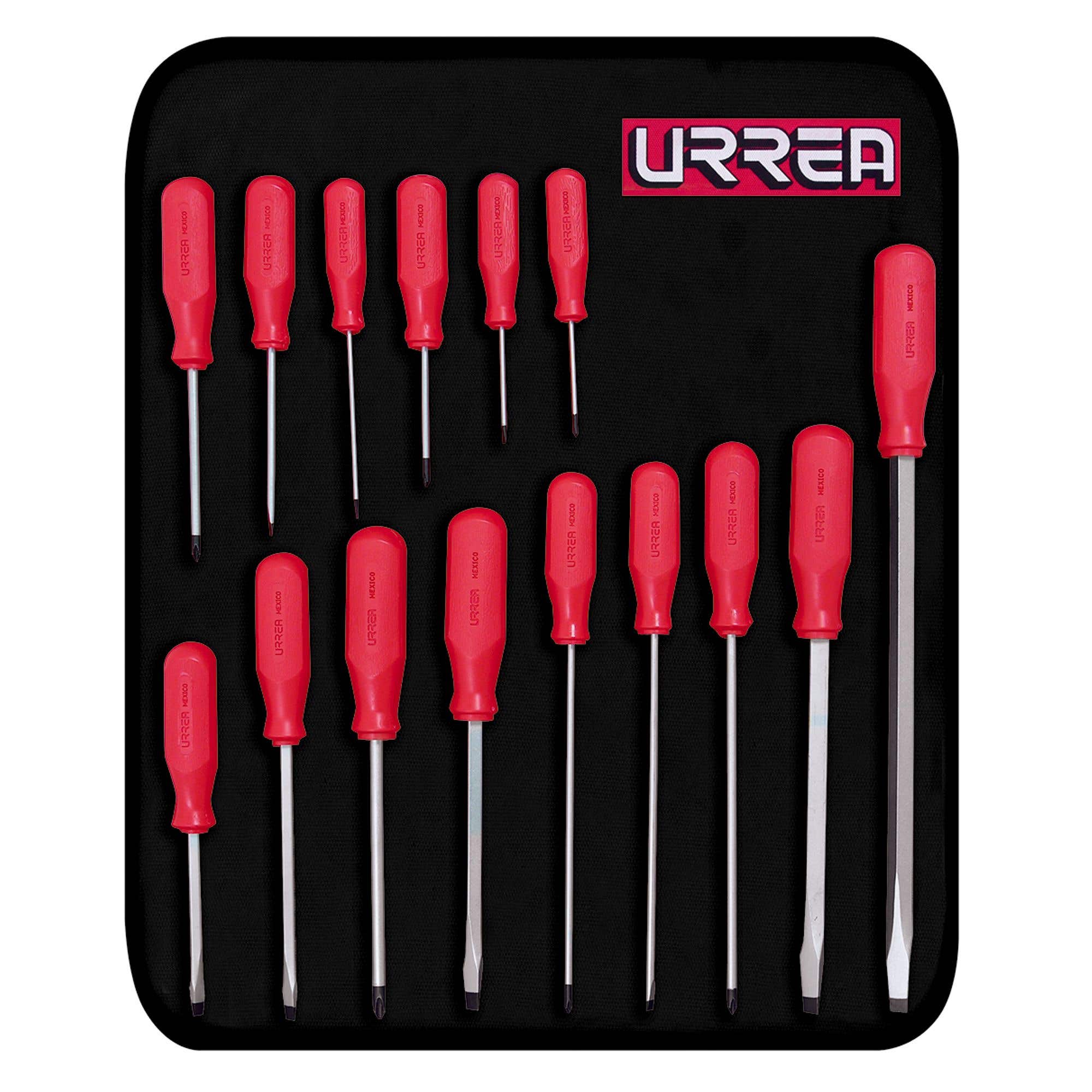 Juego combinado de destornilladores con mango rojo, 15 piezas, en estuche Urrea 9600ER
