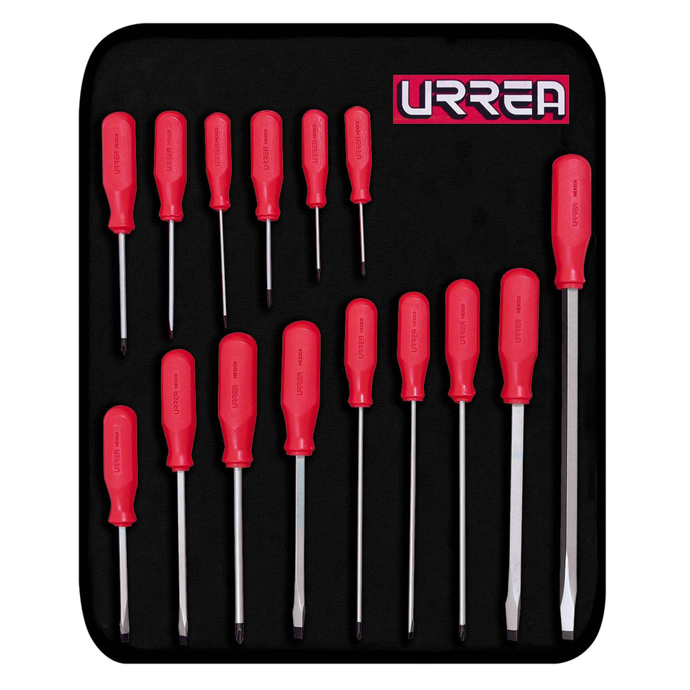 Juego combinado de destornilladores con mango rojo, 15 piezas, en estuche Urrea 9600ER