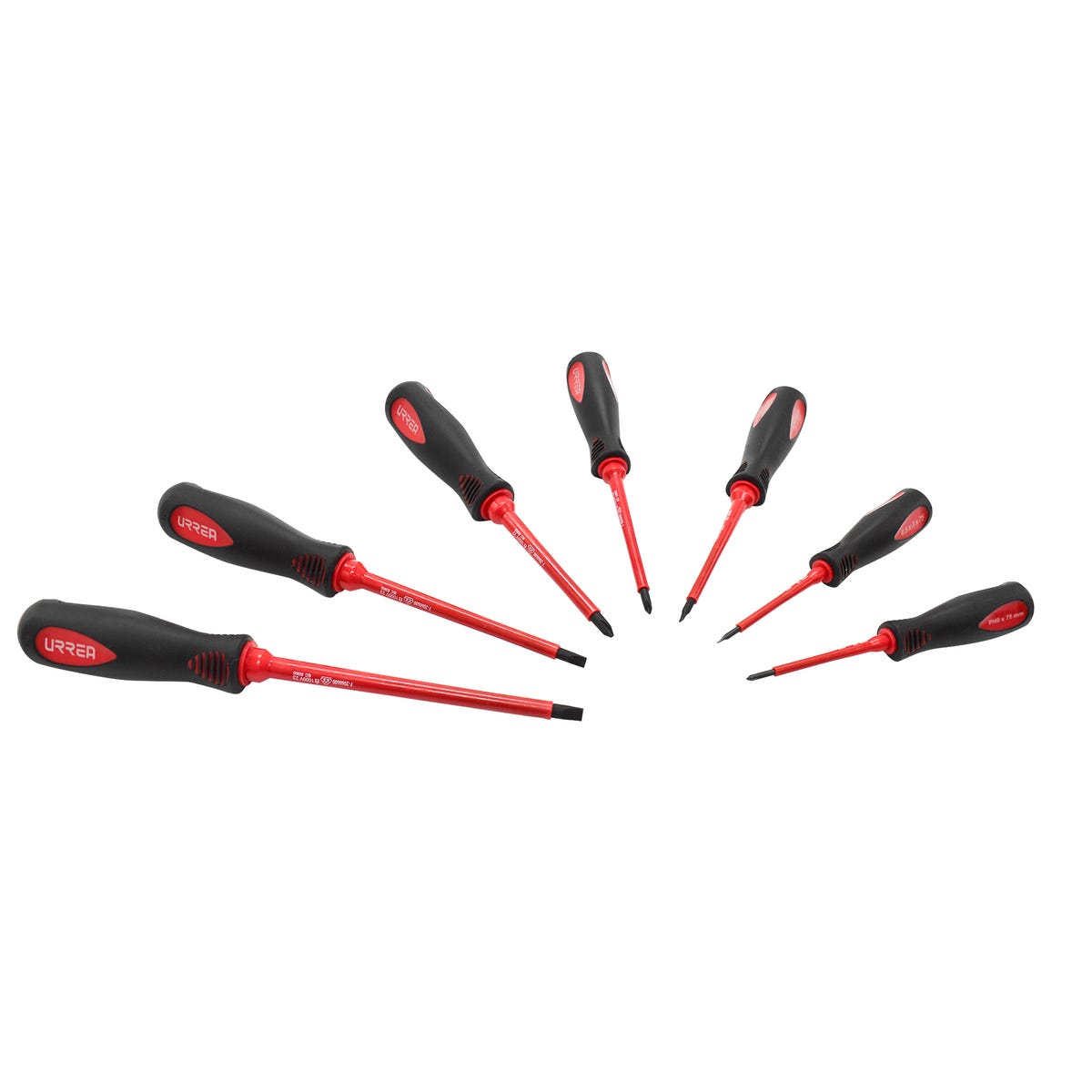Juego de destornilladores con mango bimaterial 1000 V combinados, punta maquillada, 7 piez Urrea 9700BV