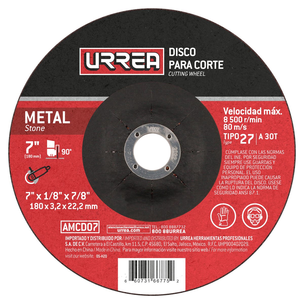 Disco abrasivo tipo 27 para metal, 7" x 1/8" Urrea AMCD07