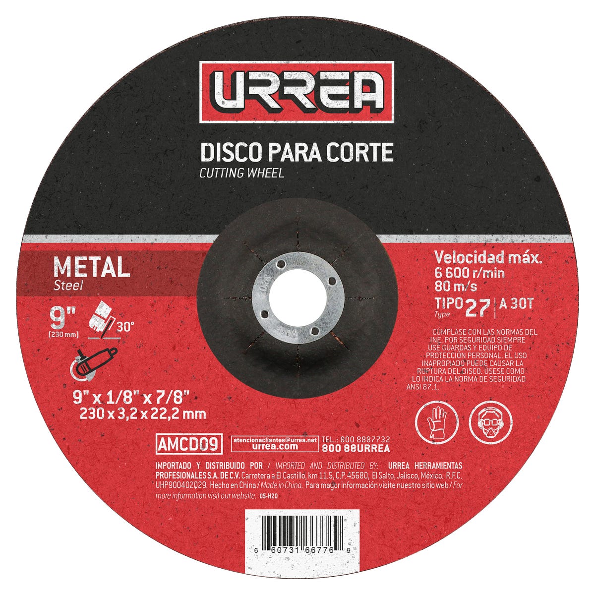 Disco abrasivo tipo 27 para metal, 9" x 1/8" Urrea AMCD09