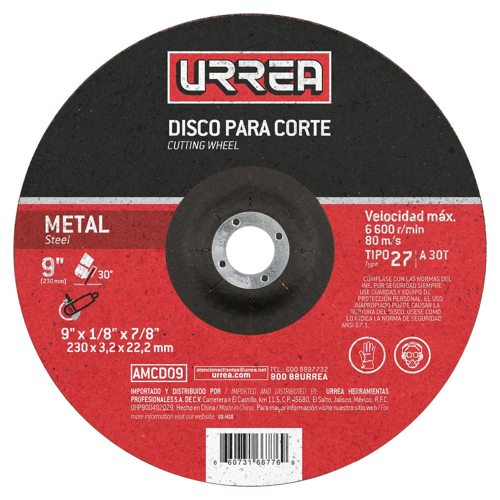 Disco abrasivo tipo 27 para metal, 9" x 1/8" Urrea AMCD09