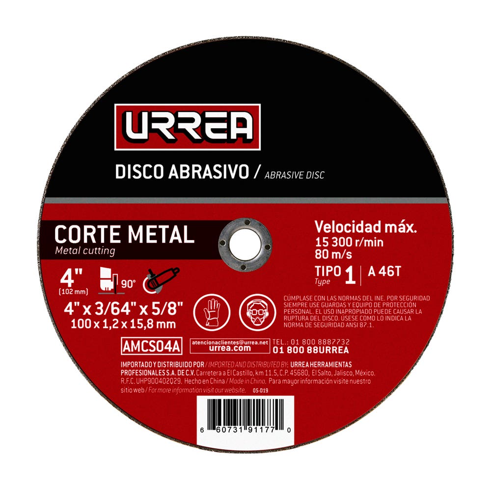 Disco abrasivo tipo 1 para metal, 4" x 3/64" Urrea AMCS04A