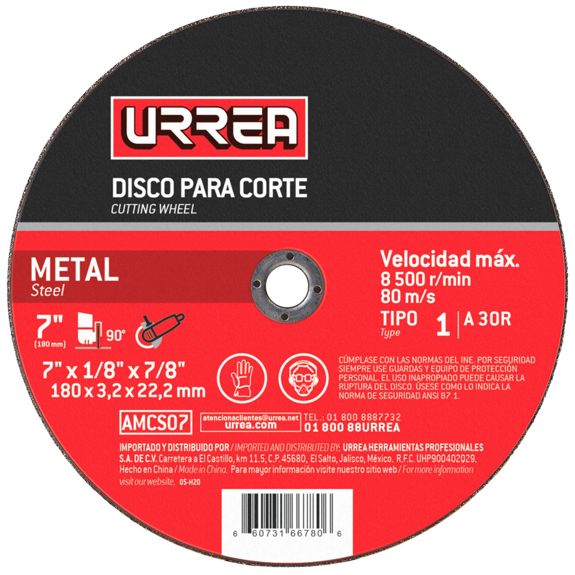 Disco abrasivo tipo 1 para metal, 4-1/2" x 1/16", 13,300 RPM Urrea AMCS04