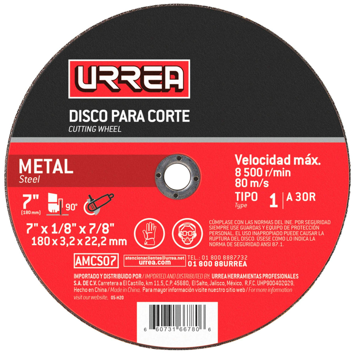 Disco abrasivo tipo 1 para metal, 4-1/2" x 1/16", 13,300 RPM Urrea AMCS04