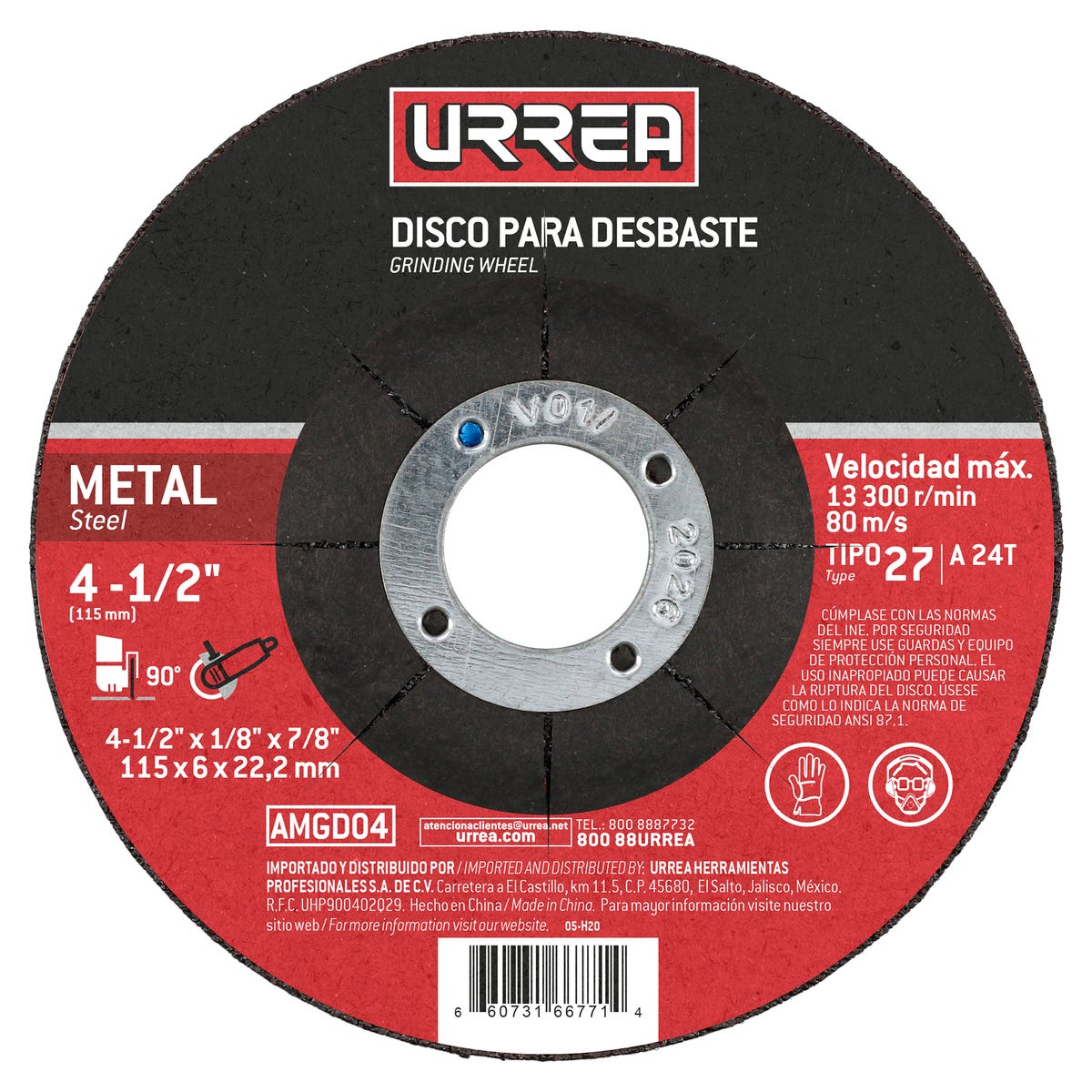 Disco abrasivo tipo 27 para metal, 4-1/2" x 1/4",13,300 RPM Urrea AMGD04