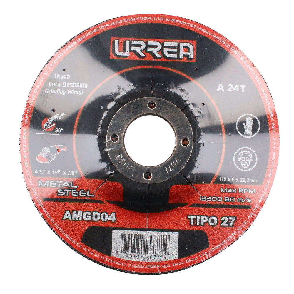 Disco abrasivo tipo 27 para metal, 4-1/2" x 1/4",13,300 RPM Urrea AMGD04 - imagen 2
