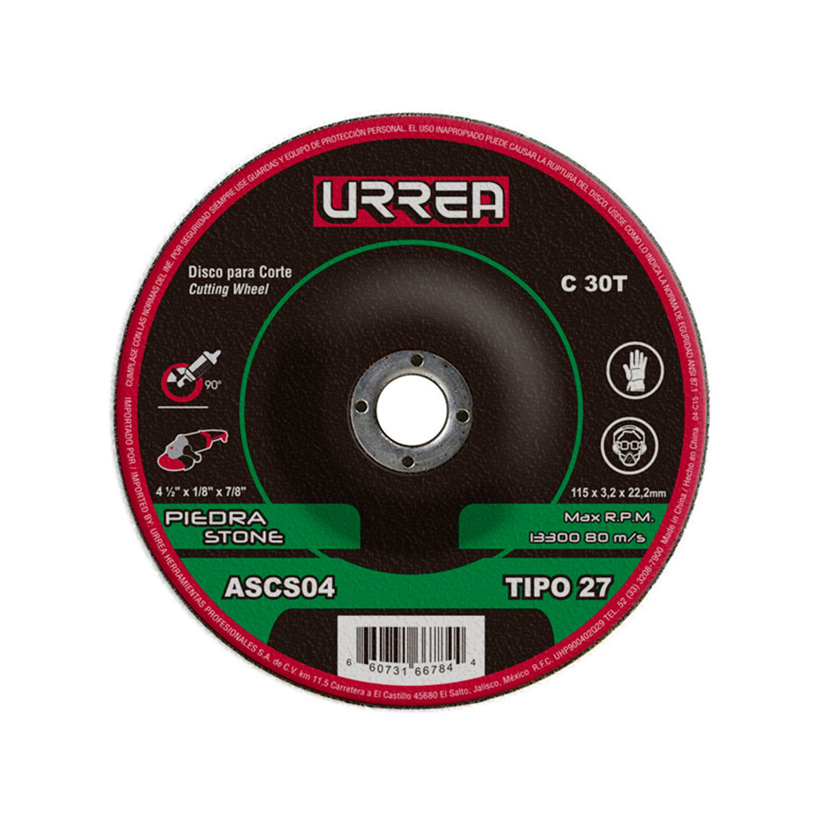 Disco abrasivo tipo 27 para piedra, 4-1/2" x 1/8" Urrea ASCS04