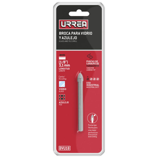 Broca para vidrios y azulejos de acero con cabeza de carburo de tungsteno 1/8" Urrea BVU18 – imagen 2