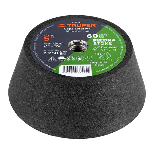 Copa desbaste de piedra 5" grano 60, eje 5/8-11 Truper C-361-PI