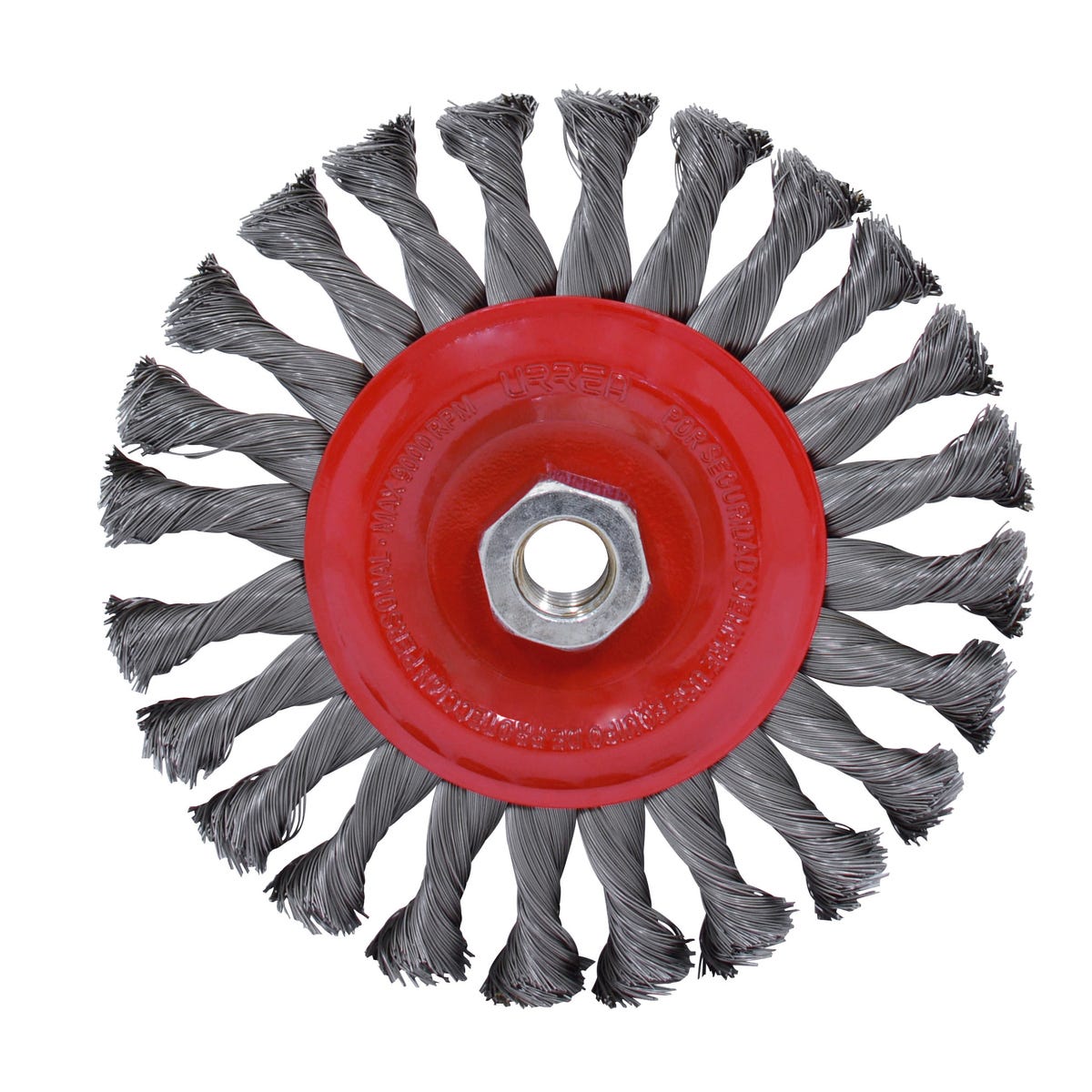 Carda circular trenzada alambre delgado 4" x 0.35 mm con rosca M14 Urrea C825