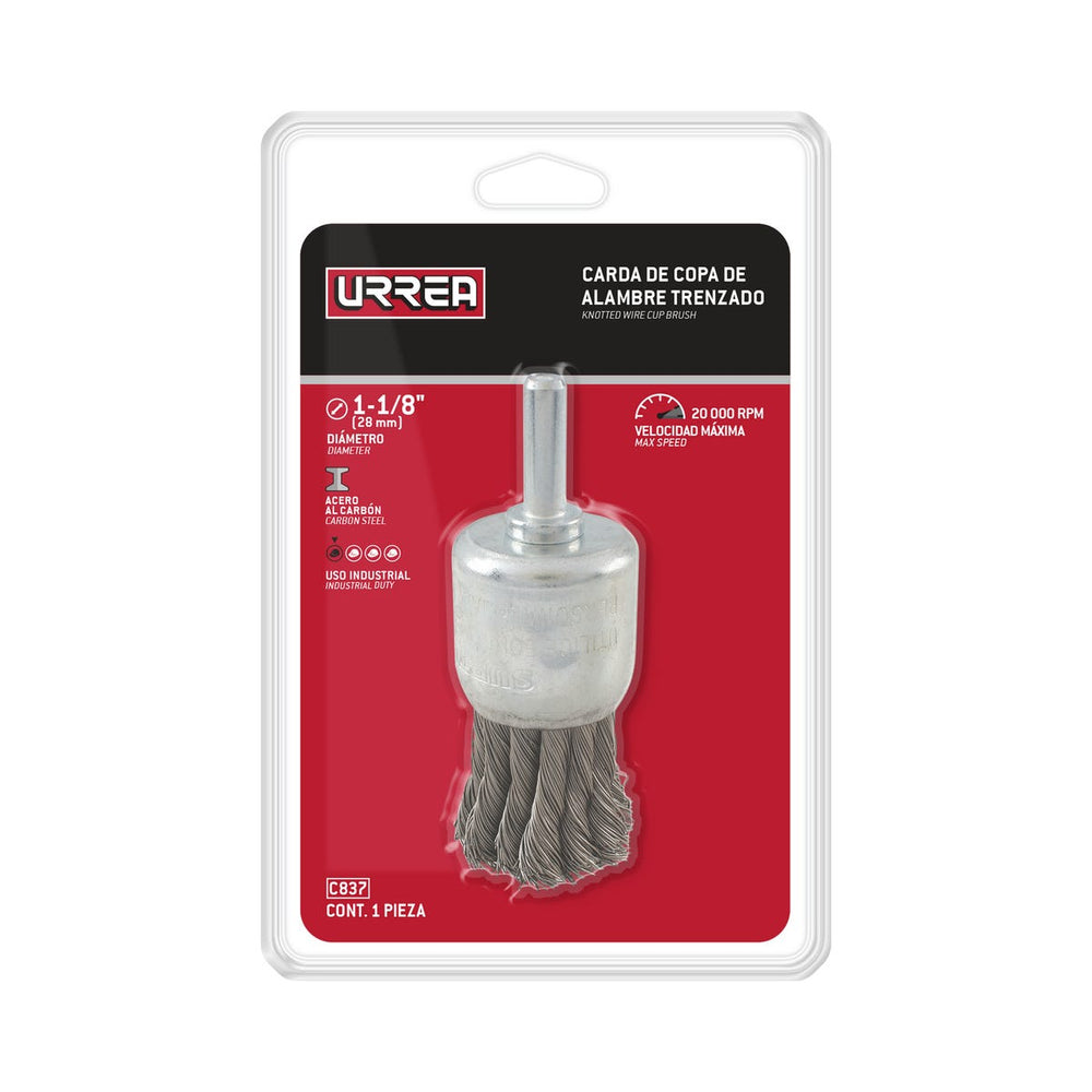 Carda copa trenzada alambre delgado 1-1/8" x 0.35 mm con zanco 1/4" Urrea C837 - imagen 3