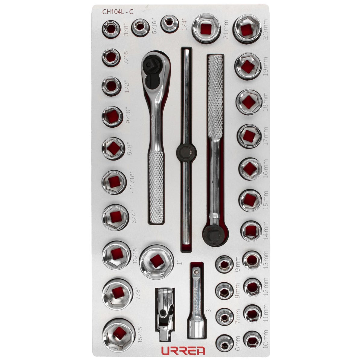 Juego de dados cortos y accesorios cuadro de 3/8" combinados 34 piezas, CH104L-C Urrea CH104L