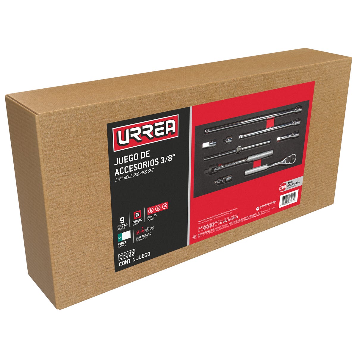 Juego de accesorios cuadro de 3/8" 9 piezas, CH105-C Urrea CH105