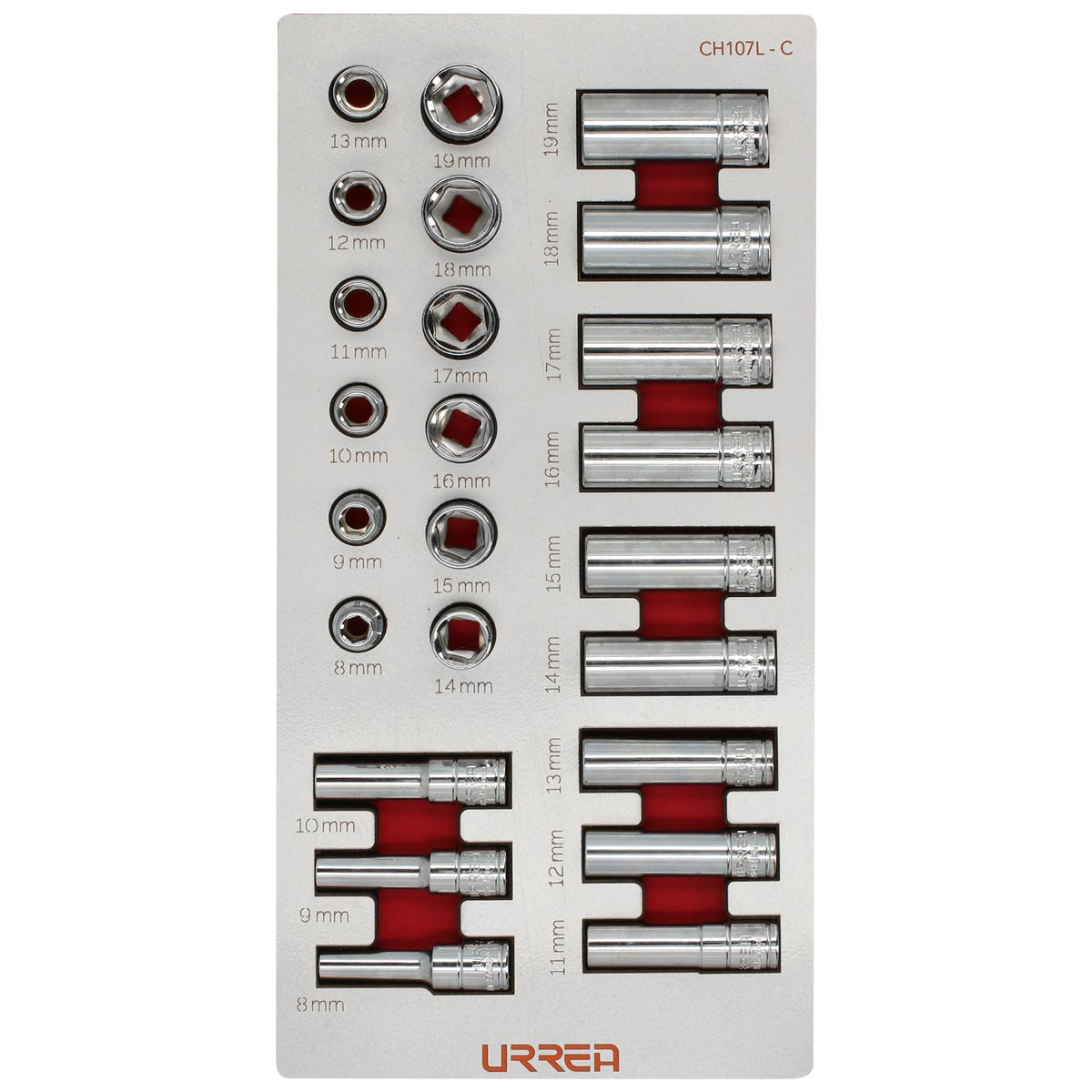 Juego de dados cortos y largos cuadro de 3/8" métricos 24 piezas, CH107L-C Urrea CH107L