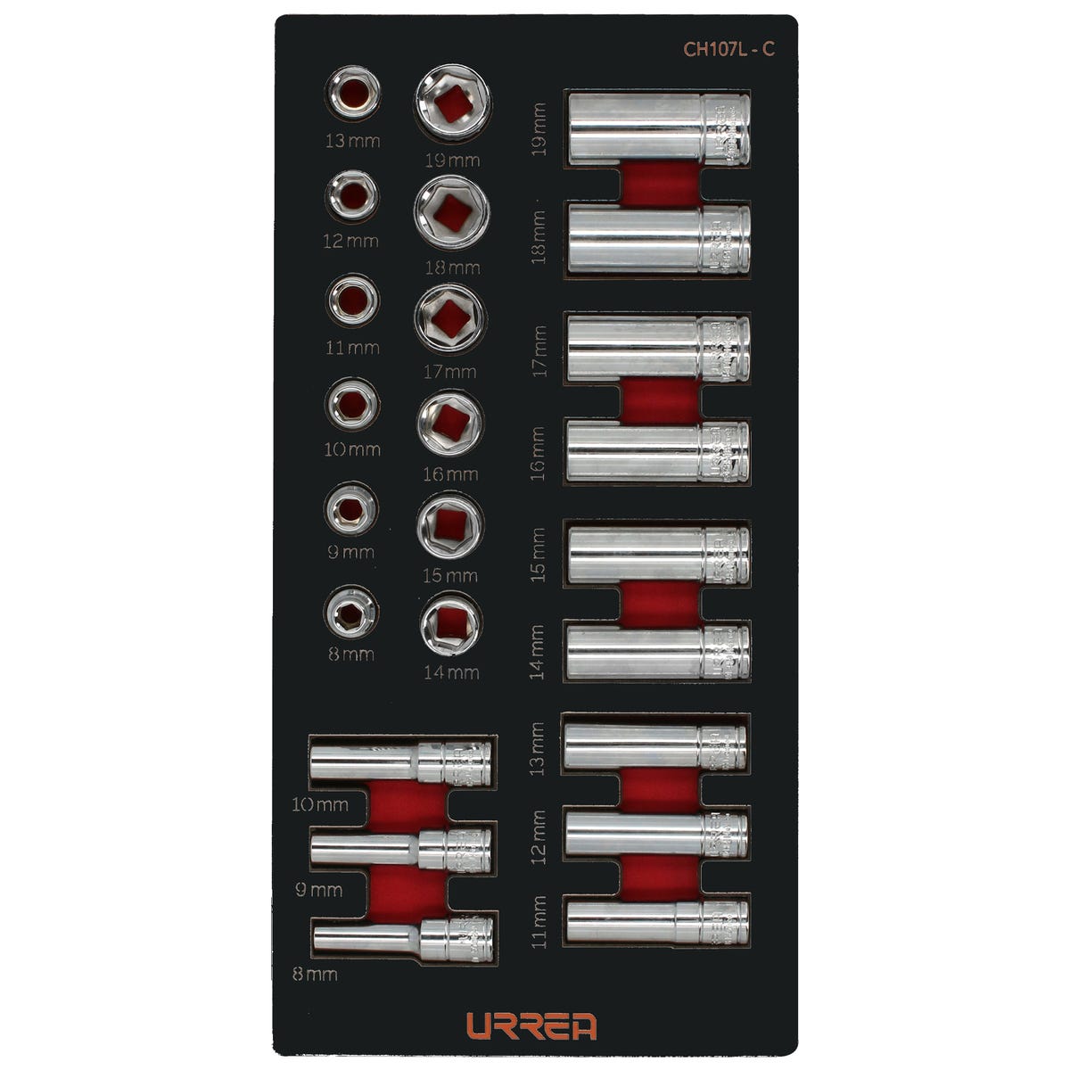 Juego de dados cortos y largos cuadro de 3/8" métricos 24 piezas, CH107-C Urrea CH107 - imagen 2