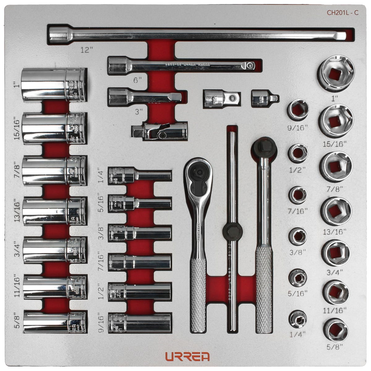 Juego de dados cortos,largos y accesorios cuadro de 3/8" en pulgadas 35 piezas, CH201L-C Urrea CH201L