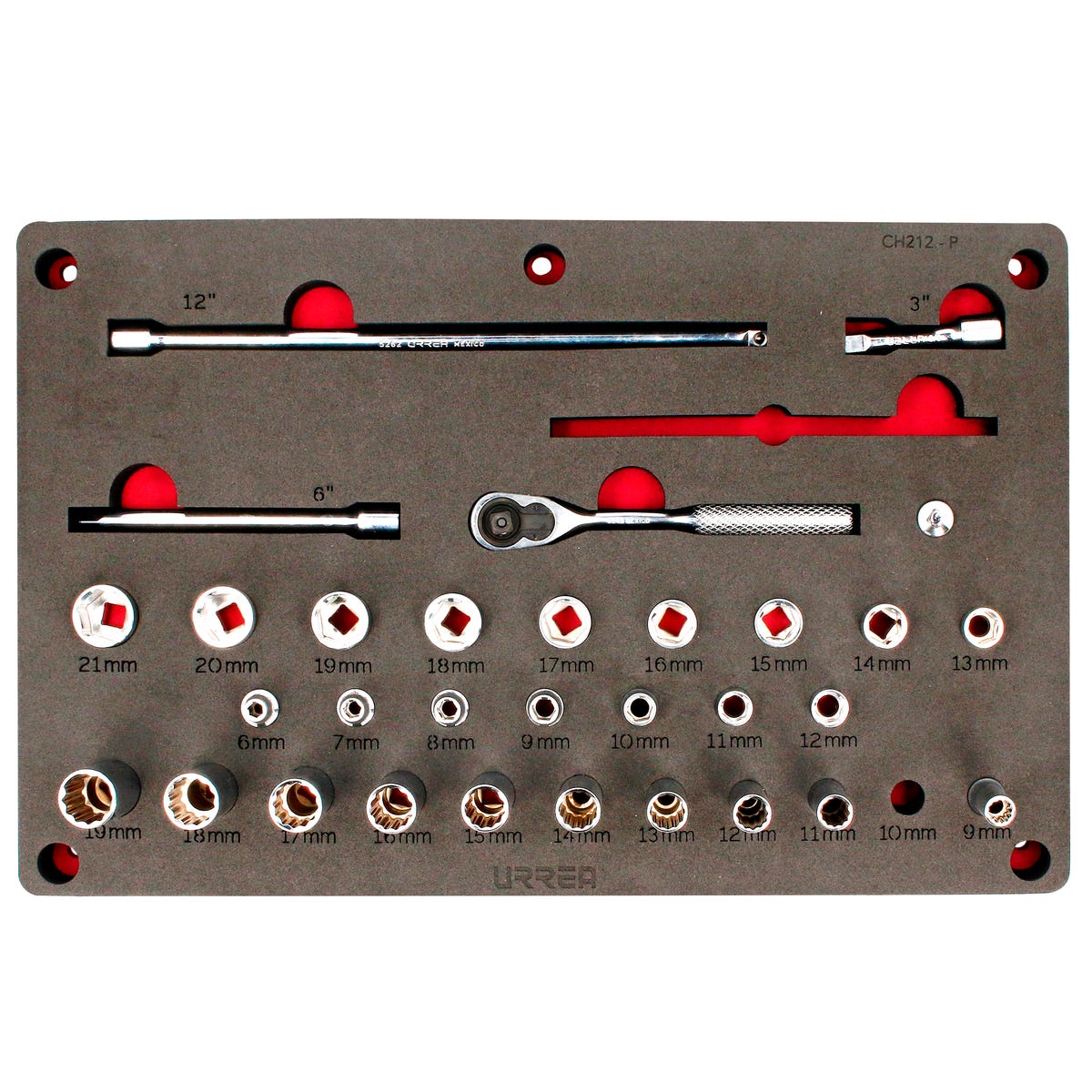Juego de dados y accesorios cuadro de 3/8" combinados 35 piezas, CH212P-C Urrea CH212P